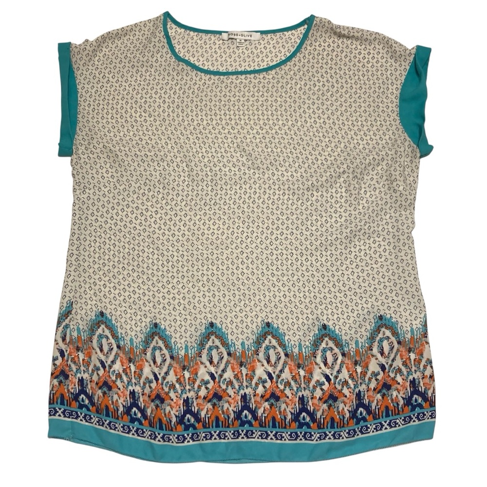 Rose & Olive White Teal Patterned Top Blouse